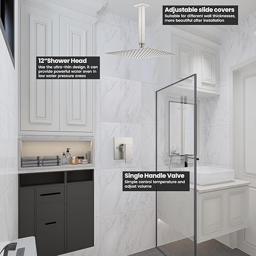 Vista 42 de Airuida Juego de grifo de ducha y mango de una sola función, kit de molduras de ducha de montaje en techo, sistema de ducha de lluvia con roscas