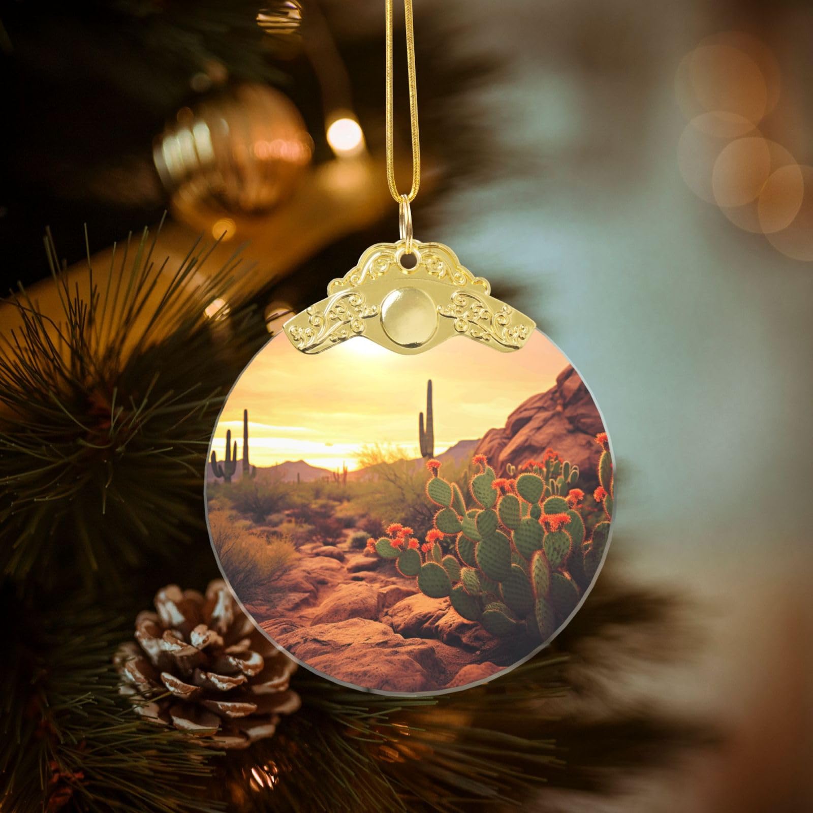 Crystal Christmas Ornaments for Christmas Tree Decoration Hanging Cactus at Sunset Poster Ornament with Gold Ribbon Crafts Round Pendant for Keepsake Gifts Glass Xmas Decor Party Supplies