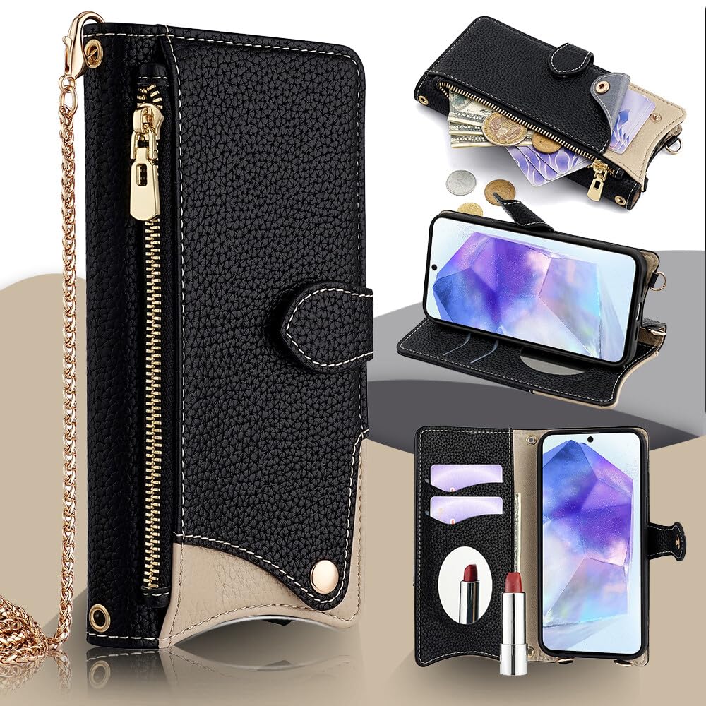 Generic Funda compatible con Samsung Galaxy A25 5G (color: negro), correa de cadena, cremallera, cartera de piel, con tapa trasera, espejo