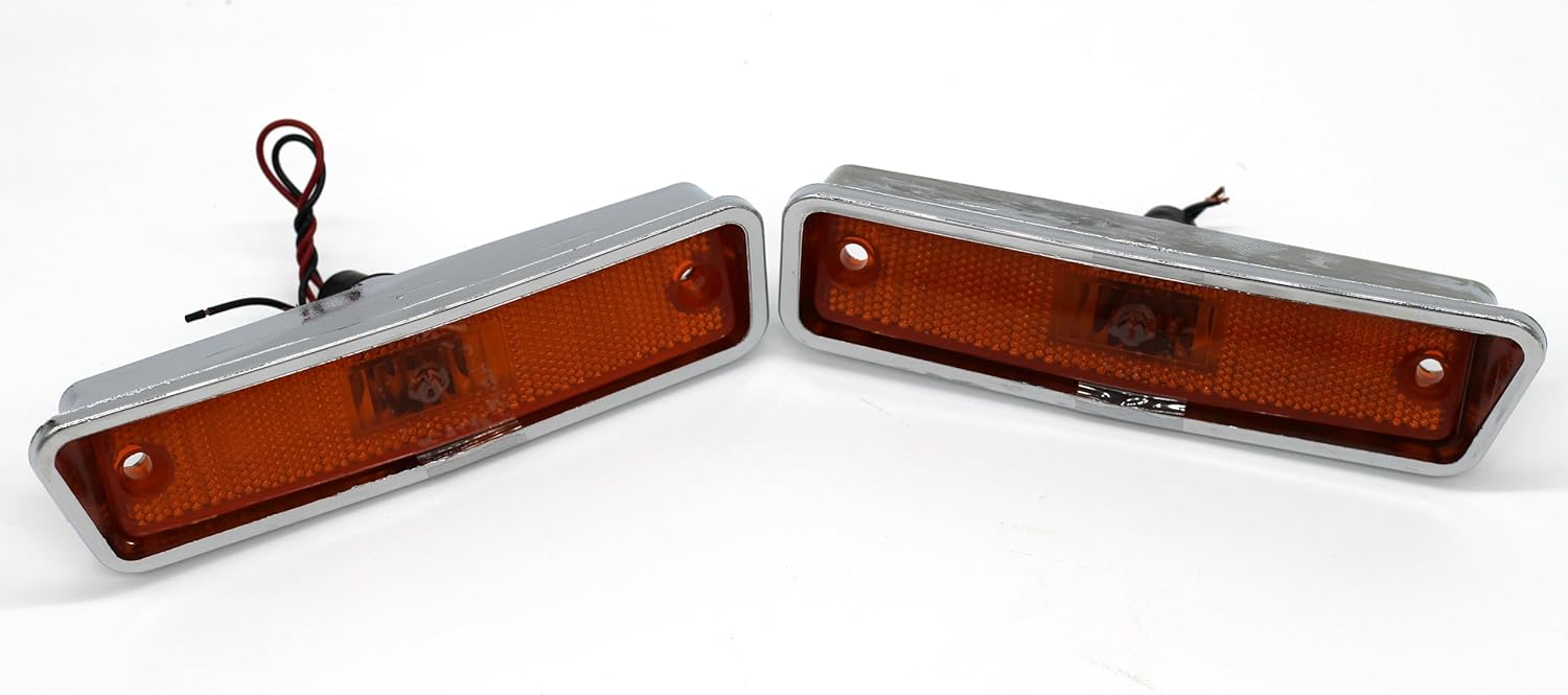 Compatible with Dodge D100 300 Pickup W100 Plymouth Trail Duster (1972–1980) – LH & RH Fender Turn Signal Lights Chrome Housing with Amber Lens & Bulbs