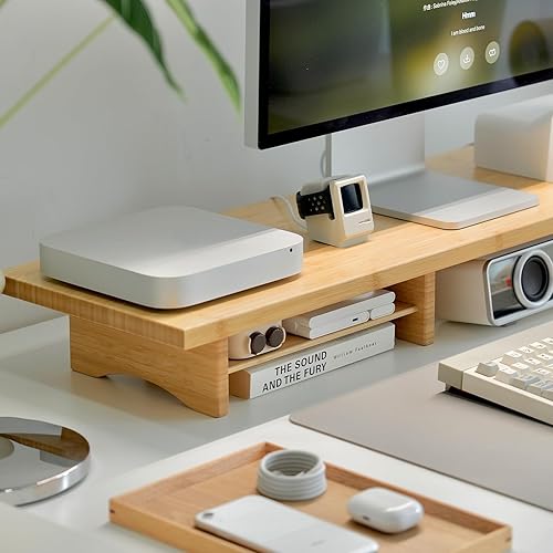 Miniatura 8 de Bamboo Dual Monitor Stand Riser Natural - Elevador de monitor de escritorio de 2 niveles para 2 monitores, compatible con monitor de computadora de