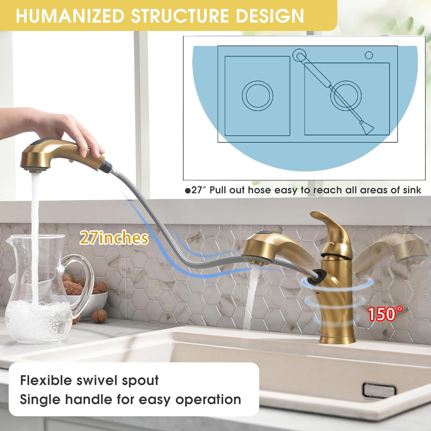 Gold Kitchen Faucet with Sprayer + 2 Handles 8 Inch Bathroom Pull Down Faucet