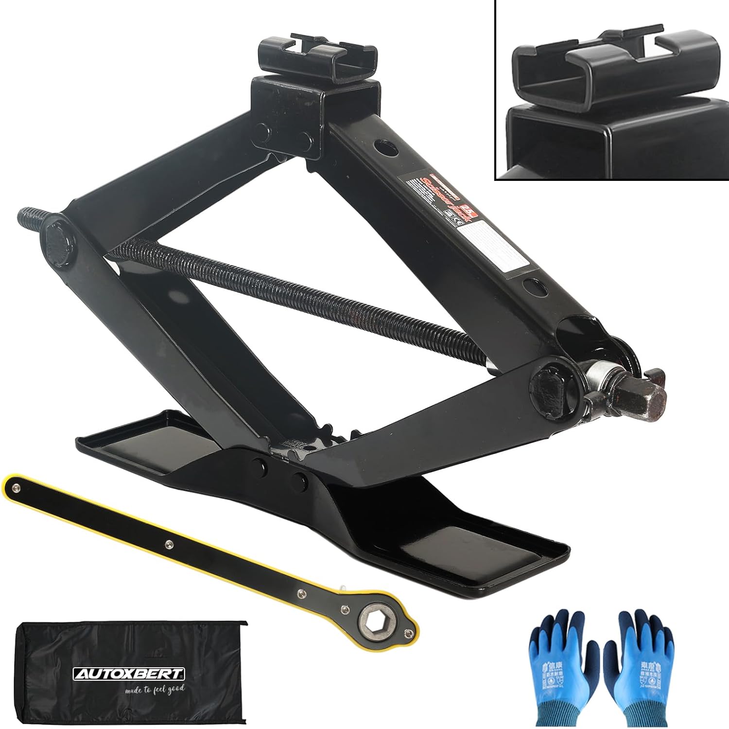 Cross Car Scissor Jack Wide Base, Universal Car Jack Kit Portable for SUV and Auto, 2.5 Ton (5500Lbs) Capacity, 360 Degree Rotating, Ratchet Wrench Saving Strength Design, Pair of Gloves