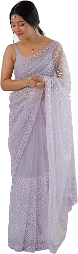 AKHILAM Women's Shimmer Net Embellished Saree With Unstitched Blouse Piece (AARYAN20901_KR_Parent)