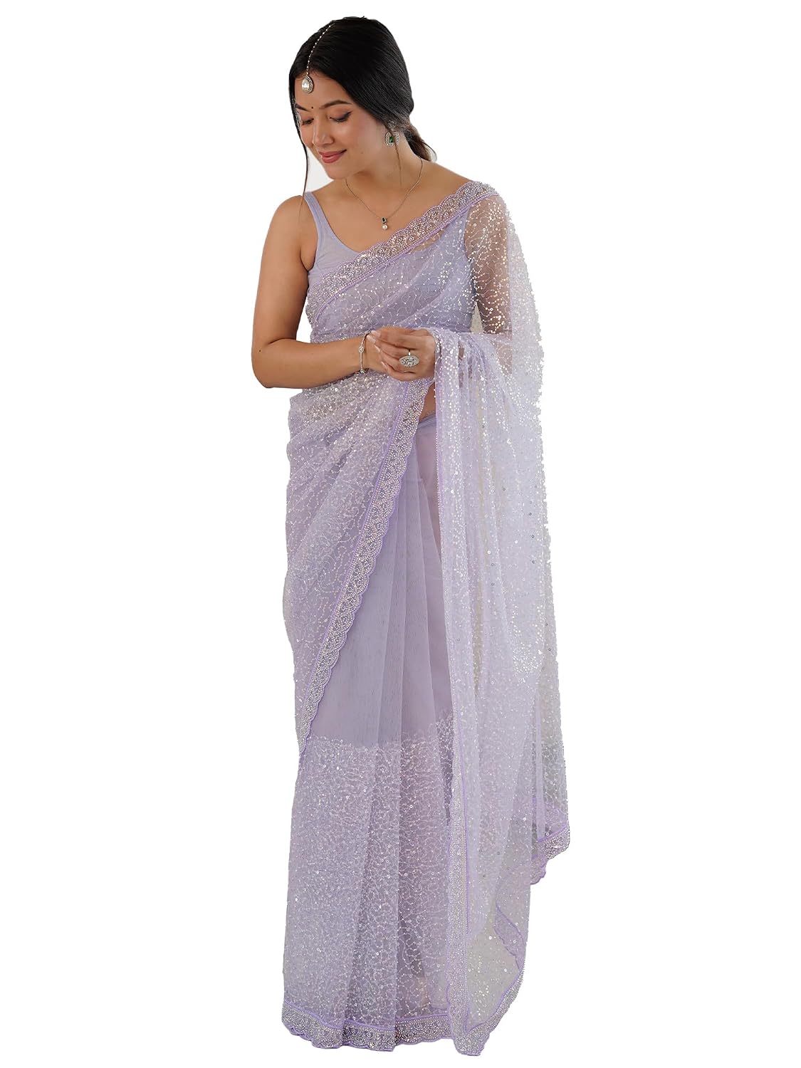 AKHILAM Women's Shimmer Net Embellished Saree With Unstitched Blouse Piece (AARYAN20901_KR_Parent)