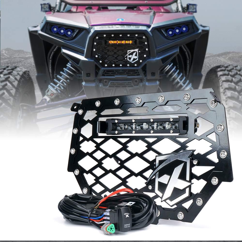 Xprite Black Steel Mesh Grille Grill with 8" Amber LED Backlight Lightbar for Polaris RZR 900 S & 1000 XP 2014 2015 2016 2017 2018 (Rocker Switch Include)