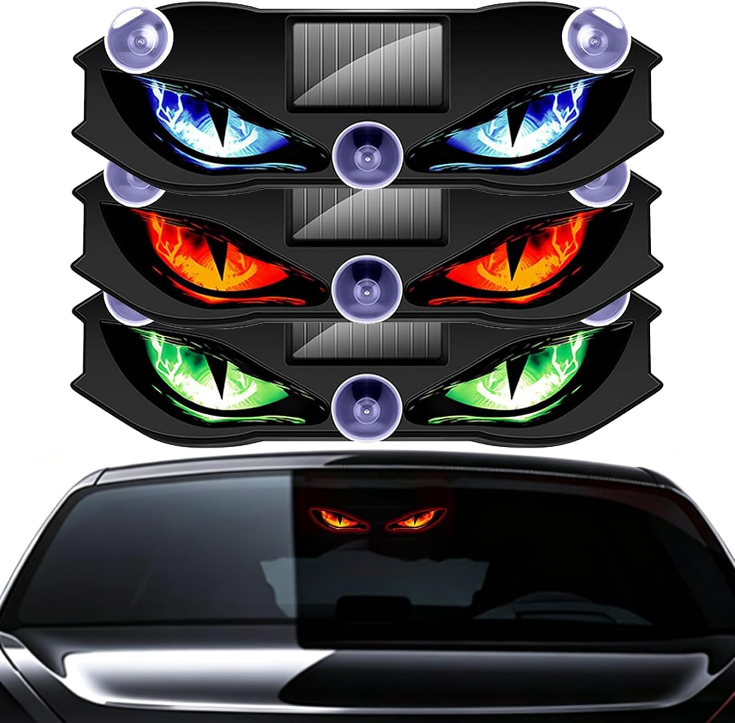 Solar Demon Eye LED Car Window Light, Wireless Devil Eyes for Windshield with Suction Cup, Solar & USB Rechargeable Dynamic Lamp for SUV Truck，3PCS-B
