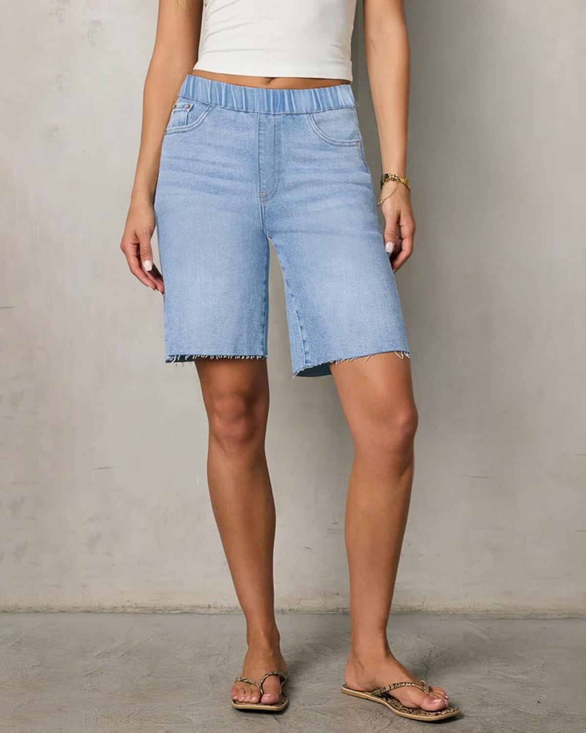 Women's Raw Hem Denim Bermuda Shorts Mid-Rise Long Jorts Baggy Pull On Strechy Jeans Shorts with Elastic Waist - Image 2