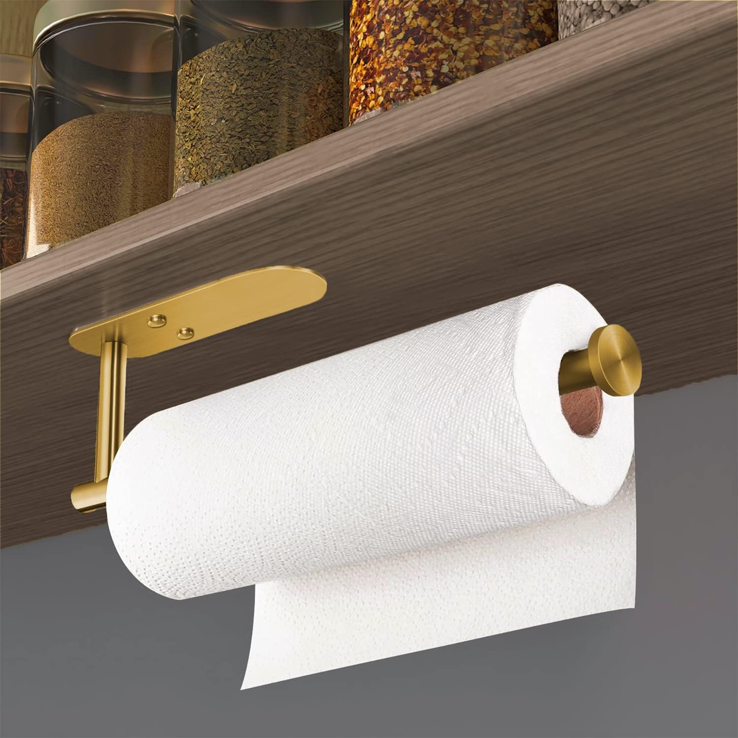 VAEHOLD Under Cabinet Wall Mount for Kitchen,Adhesive Paper Towel Roll Holder Stick to Wall, SUS304 Stainless Steel (Gold)