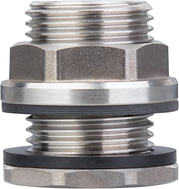 SSBF020 Stainless Steel 304 Bulkhead Tank Fitting Double Female 1/2 NPT/FIP and Male 3/4" MHT Garden Hose Threaded, w/Step Gasket 1