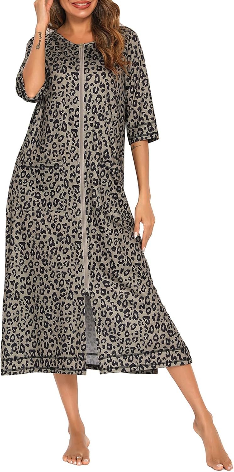 Women's Zip Up Robe Full Length Maternity Robe Hospital Bathrobe Nursing Pajamas