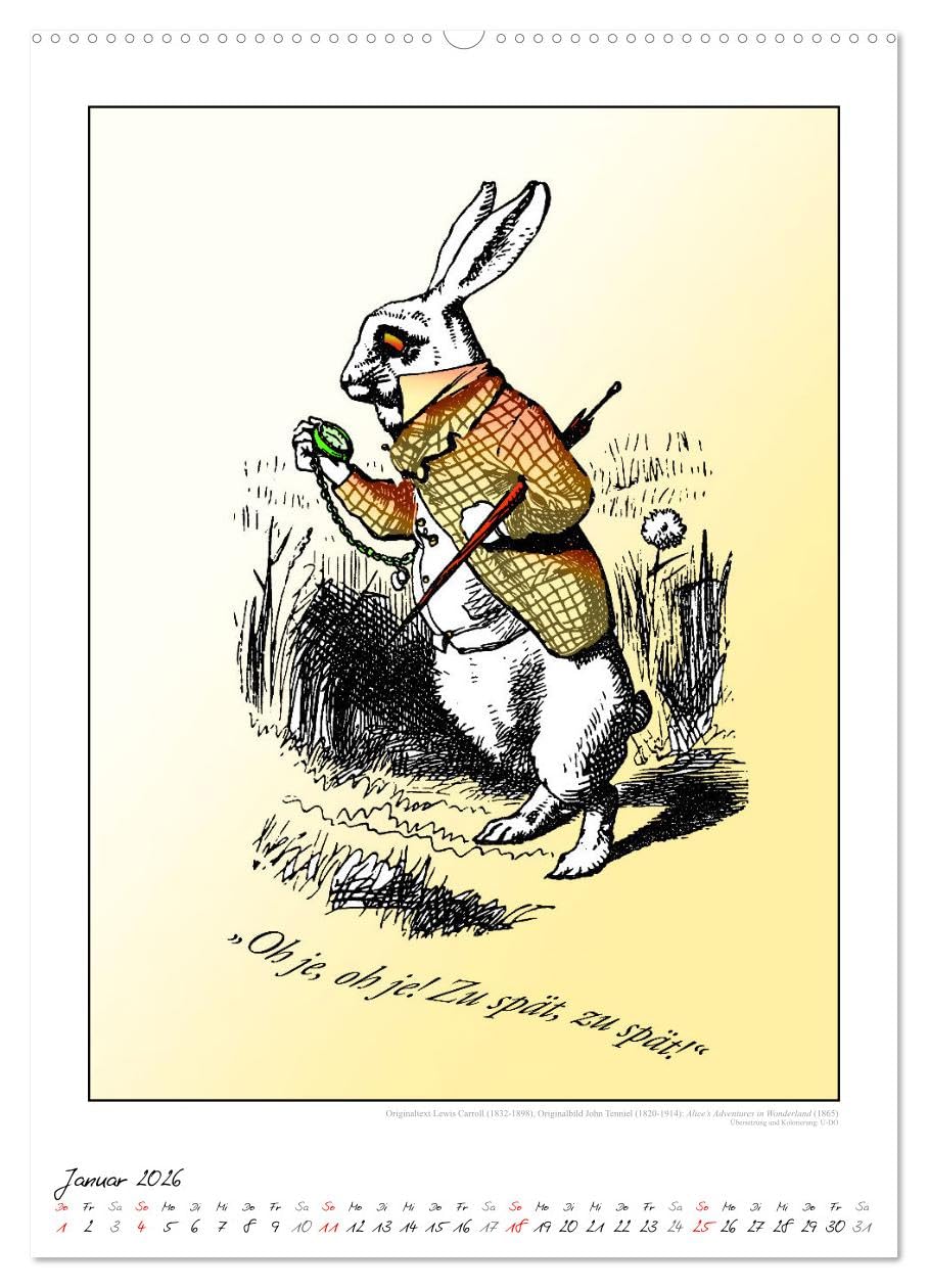 Alice im Wunderland - Weltliteraturkalender (Wandkalender 2026 DIN A2 hoch), CALVENDO Monatskalender: Weltliteratur. Klassiker der Kinderbuch-Literatur als Literaturkalender. (CALVENDO Kunst)