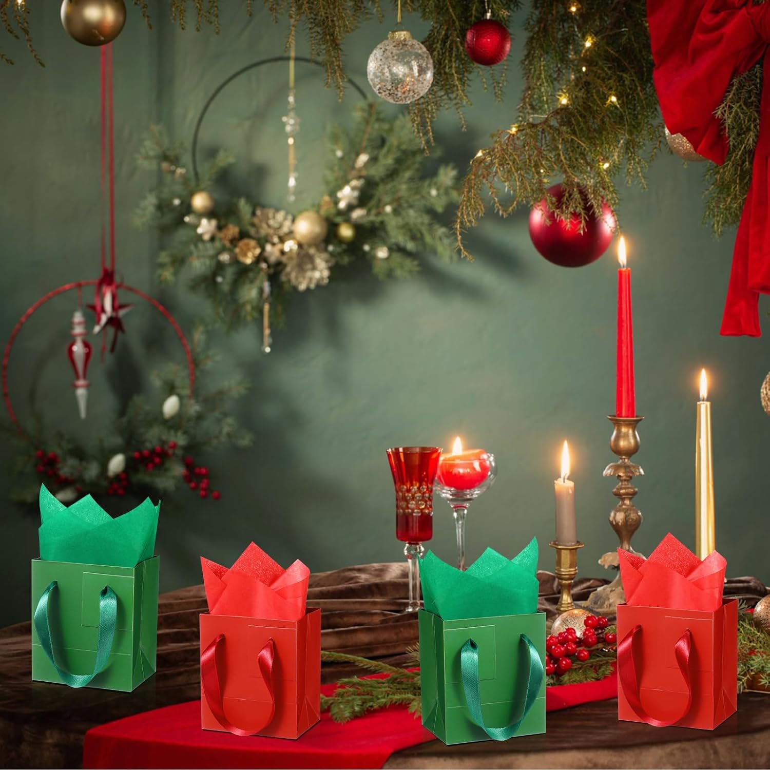 Tenare 12 Pcs Small Gift Bags Mini Paper Bags Bulk Tiny with Handle Tissue for Jewelry Gift Wrapping Happy Valentine's Day Chinese New Year Birthday Party Favor Supplies(7 * 4 * 9inch,Red Green)