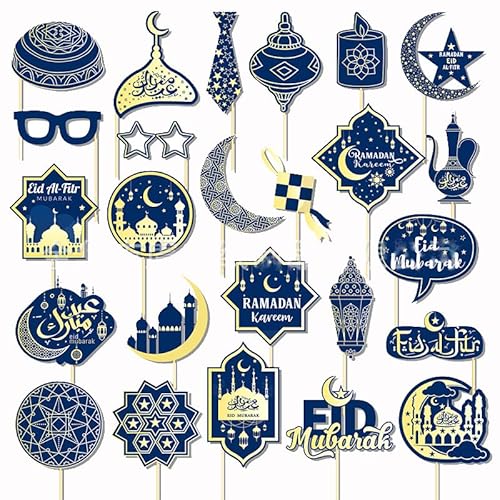 BRTOPMY 25pcs Eid Mubarak Photo Booth Props Star Moon Eid Al-Fitr Ramadan Mubarak Party Supplies, Elegant Cardstock Design, Perfect for Eid Mubarak, Ramadan Mubarak, New Year and Other Occasions