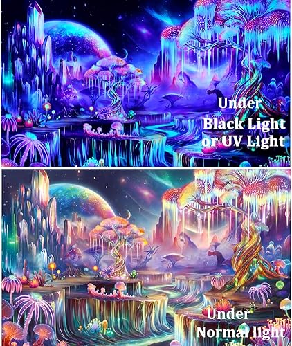 Miniatura 4 de Obsecolors - Tapiz de luz negra con árbol de la vida de fantasía, tapiz reactivo a los rayos UV, tapices del espacio galáctico, tapices de plantas