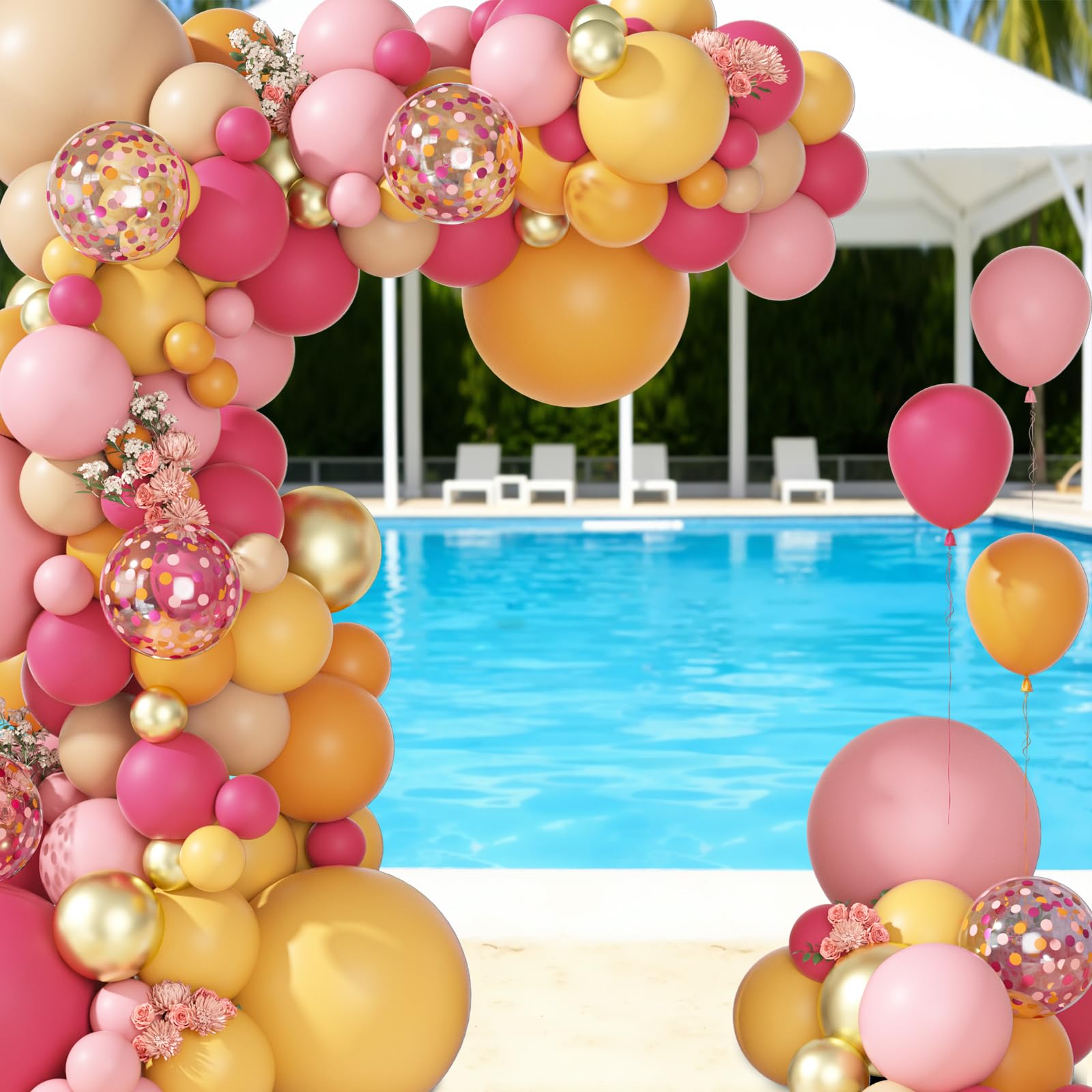 Ouddy Party Kit de 149 guirnaldas de globos rosa y naranja de diferentes tamaños de 18, 12, 10, 5 pulgadas, 6 globos dorados metálicos de melocotón rosa intenso de 18 pulgadas para verano, fiesta de