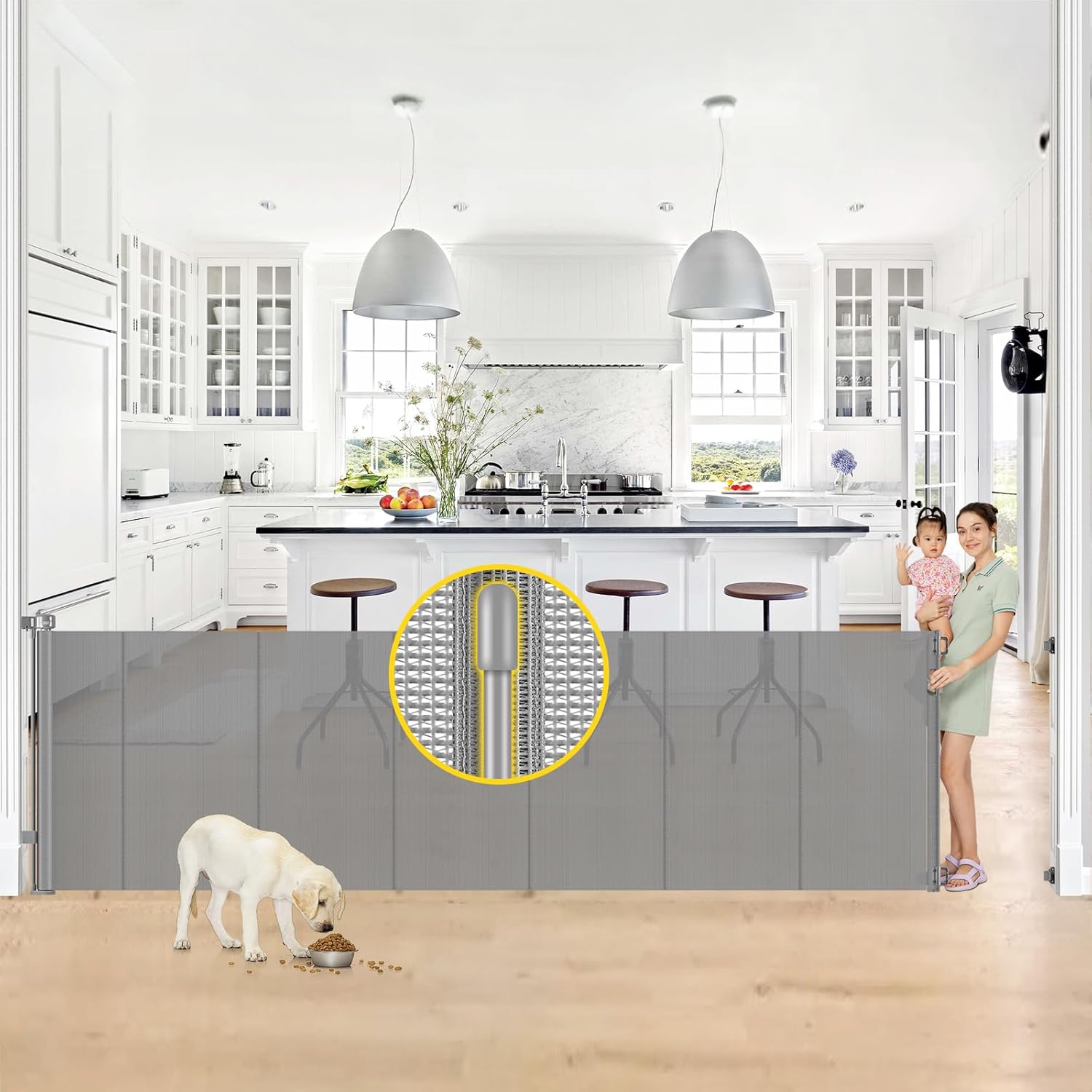 Photo 1 of Reinforced 42” Tall x 130” Extra Wide Retractable Dog Gate Extra Tall Pet Gate with Rods to Prevent Crawling Through, Long Baby Gates for Dogs Child Safety Gate Mesh Dog Gate Indoor Outdoor, Gray