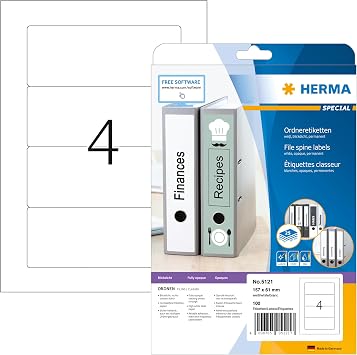 HERMA Self Adhesive Lever Arch File Labels, 4 Labels Per A4 Sheet, 100 Labels for Printers, White Opaque, 157 x 61 mm 5121
