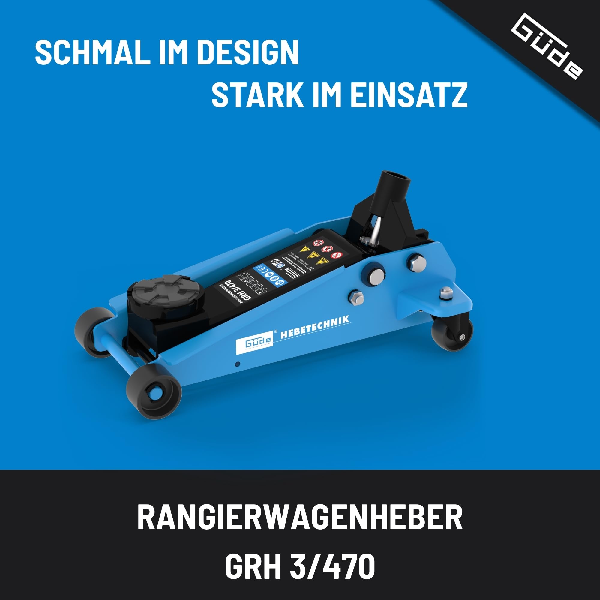 Güde GRH 3/470 Rangierwagenheber 3 Tonnen Hubkraft 11 cm Lastteller 13-46,5 cm Hubhöhe 360° Lenkrollen