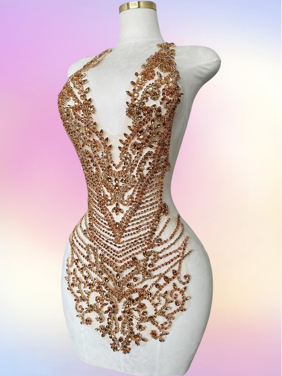 Handmade Rhinestones Large Bodice Applique Glass Stones Beads Bright Crystal Lace Patches Accessories for Weding Dress Decorations (Champagne)