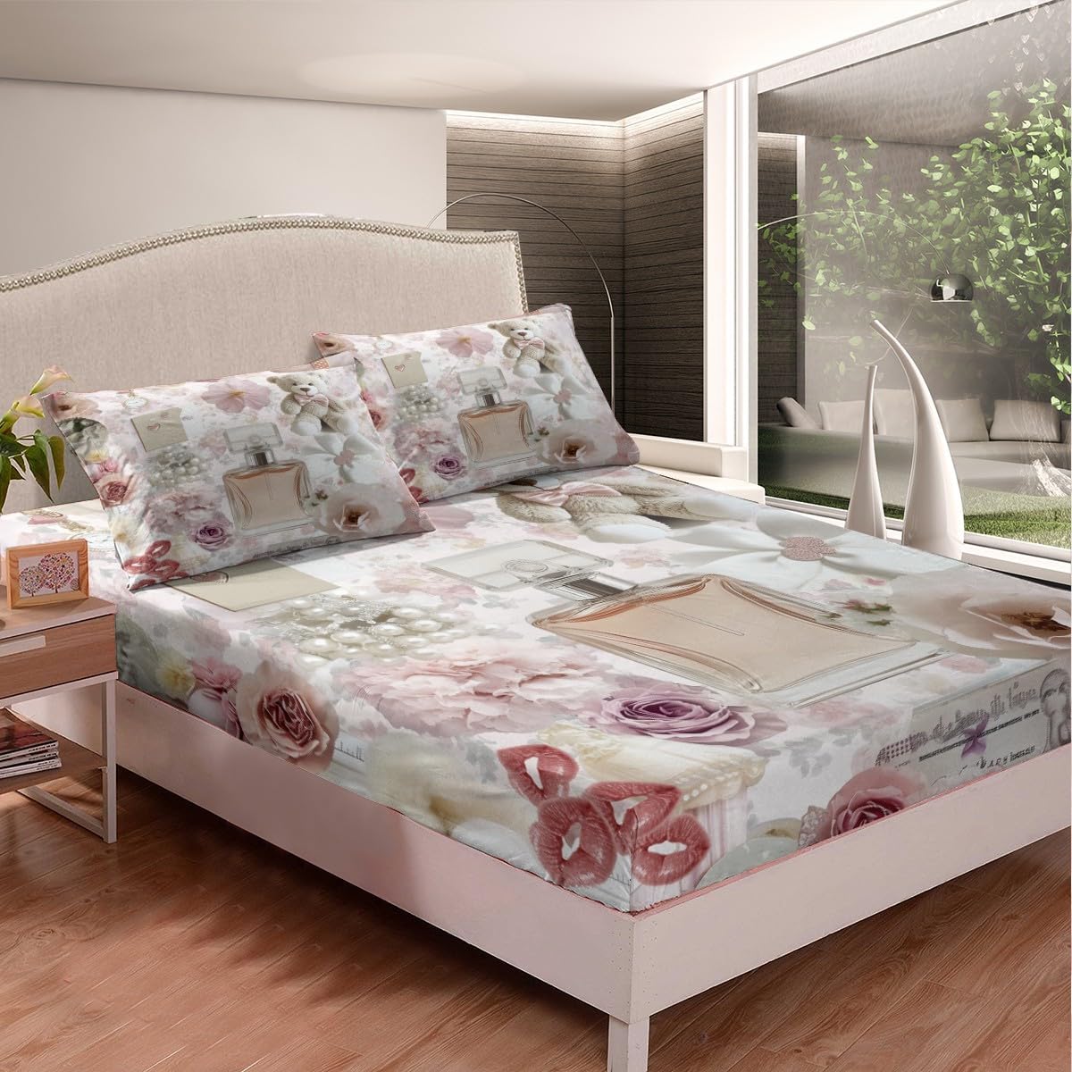 Rose Flower Bed Sheets Twin Size,Perfume Lips Bear Print Bedding Set 3Pcs for Kids Girls Teens Woman Room Decor,Modern Beauty Fitted Sheet Pink Romantic Top Flat Sheet,1 Pillowcase
