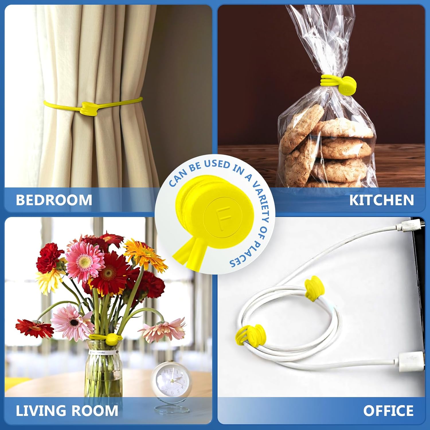 Magnetic Cable Ties, Reusable Silicone Magnetic Cord Ties, Strong Magnet Twist Ties for Cord Organizer Keeper Wrap Clips Bundling and Organizing, Holding Stuff, Fridge Magnets (Yellow, 8-Pack)