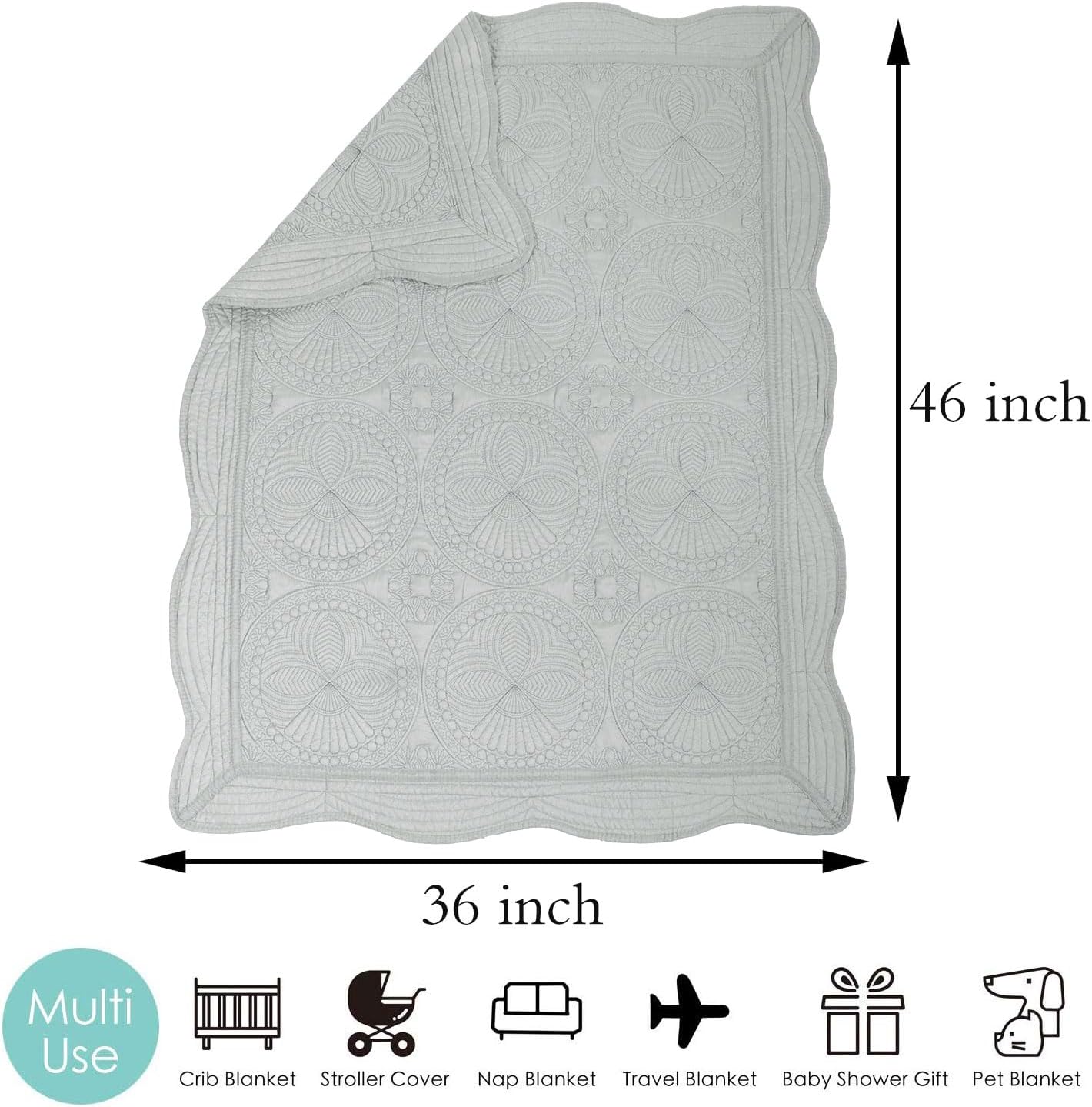 MONOBLANKS Baby Quilt Personlized Monogram Lightweight Embossed Scalloped Throw Blanket Four Seasons (Gray)