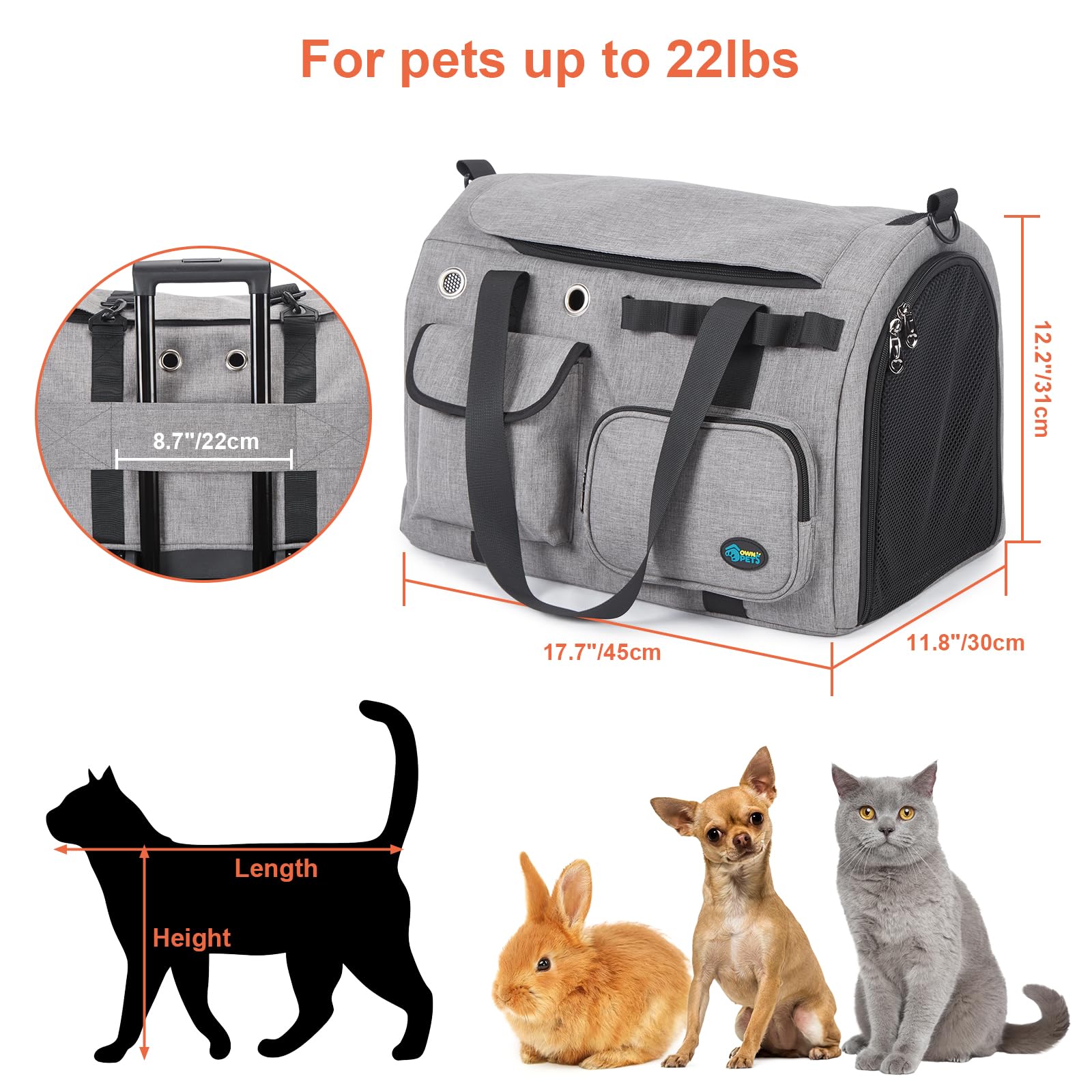 Ownpets Faltbare Transportbox Katze, 45x30x31cm, Flugtauglich | Faltbarer Metallrahmen, 300D PVC wasserdicht, Koffer-Befestigung, Leicht zu reinigen