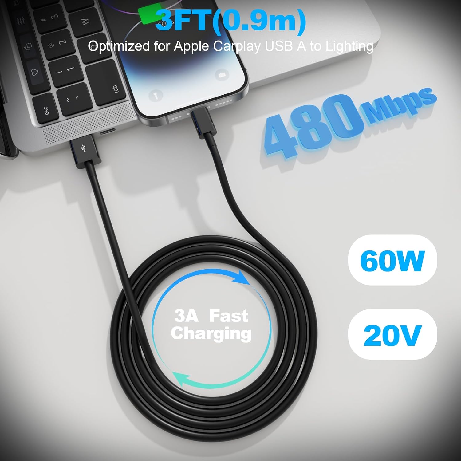 USB A to Lightning Cable 3FT for iPhone 14 13 12 11 Pro Max XR XS X（Black）