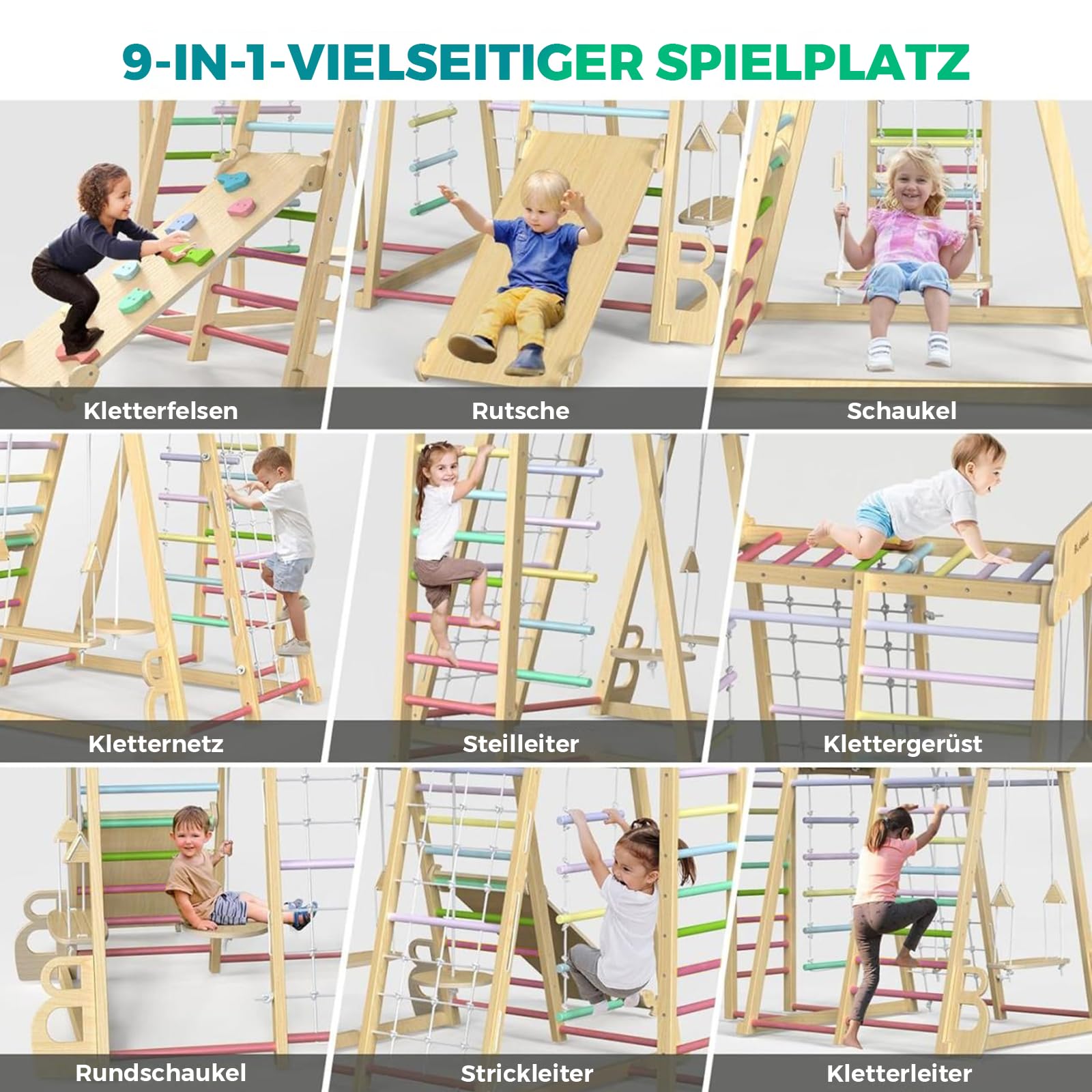 Maxi Klettergerüst Indoor, 10 in 1 Multifunktional Klettergerüst ab 1 Jahr, Montessori Spielplatz aus Holz mit Rutsche, Schaukel, Kletternetz, Kletterwand, Robust und sicher Kletterausrüstung
