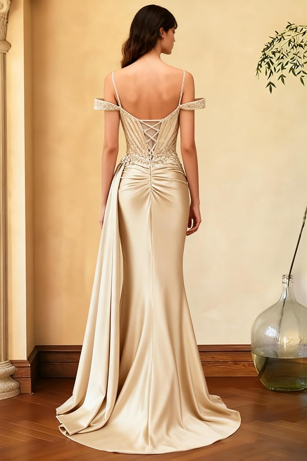 Off Shoulder Satin Prom Dresses with Slit Long Mermaid Sequin Evening Gown Spaghetti Strap Cocktail Dress