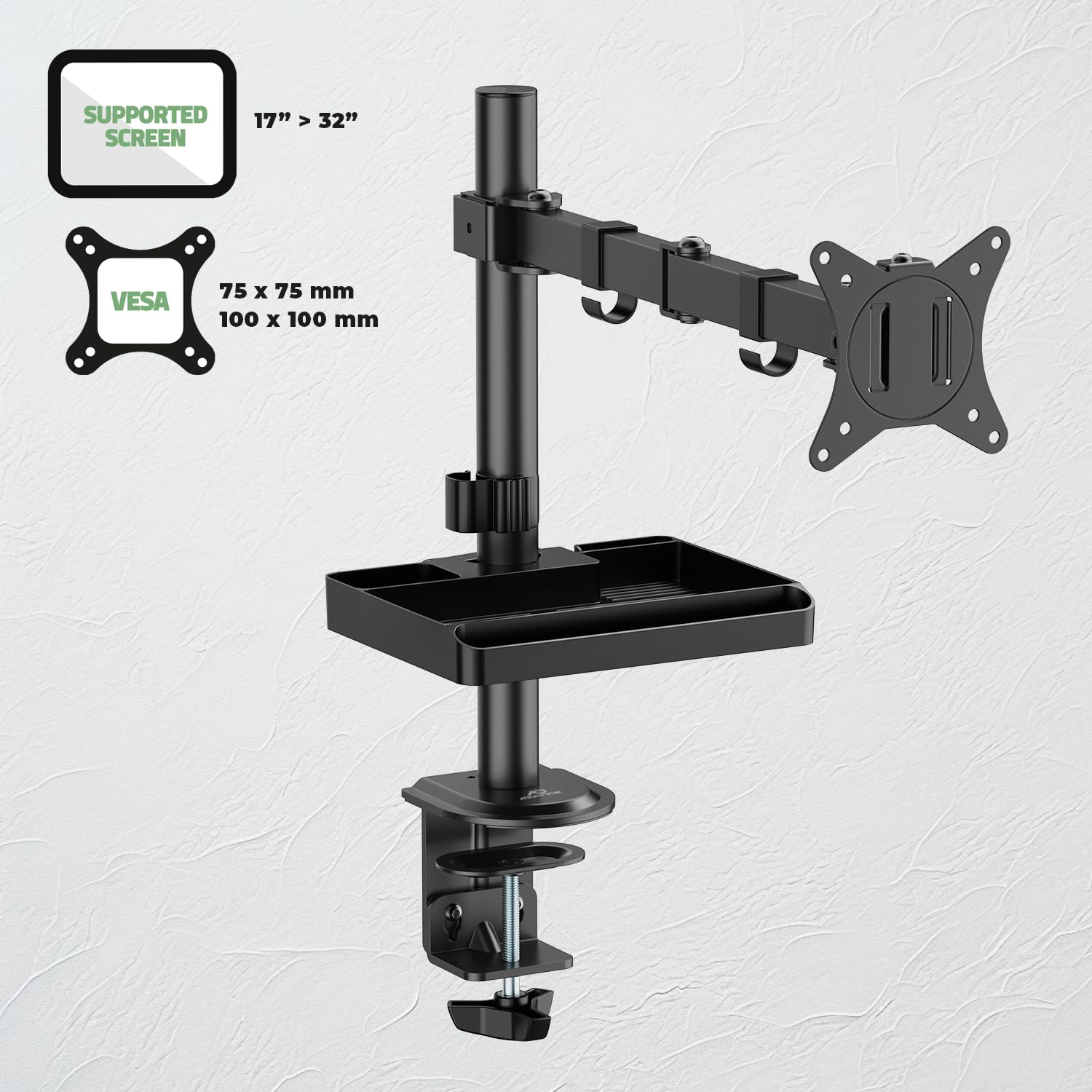 AD ADVANCE - XTENDMOUNTS Single, Supporto Monitor PC da 17 a 32 pollici, Compatibile VESA 75x75 e 100x100, Altezza e Inclinazione Regolabili, Porta Tablet e Smartphone Incluso