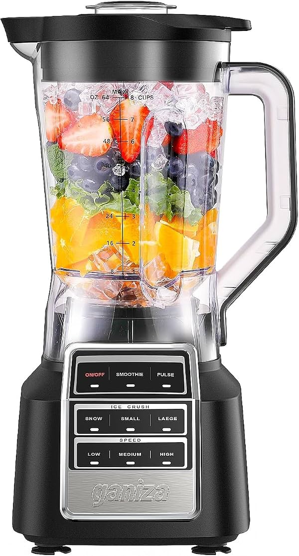Licuadora Ganiza Smoothie Max 1800W, licuadoras profesionales para cocina | Jarra de gran capacidad de 64oz, 3 velocidades manuales para smoothies, batidos, bebidas congeladas, salsas, salsa, de mostrador tamaño completo