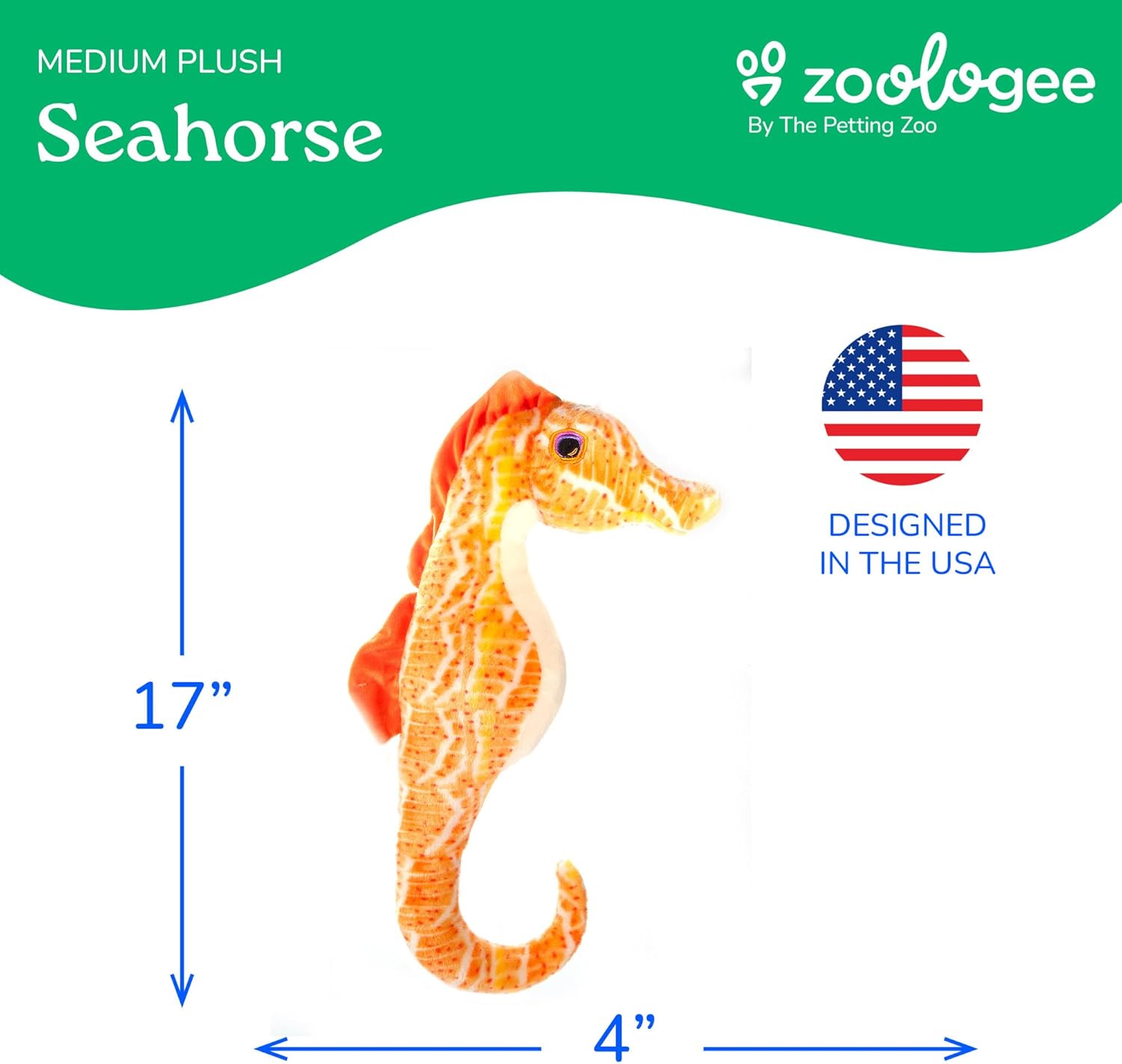The Petting Zoo Seahorse Stuffed Animal Plushie, Gifts for Kids, Earth Keeperz Sealife Animals, Zoologee Orange Seahorse Plush Toy, 17 inches