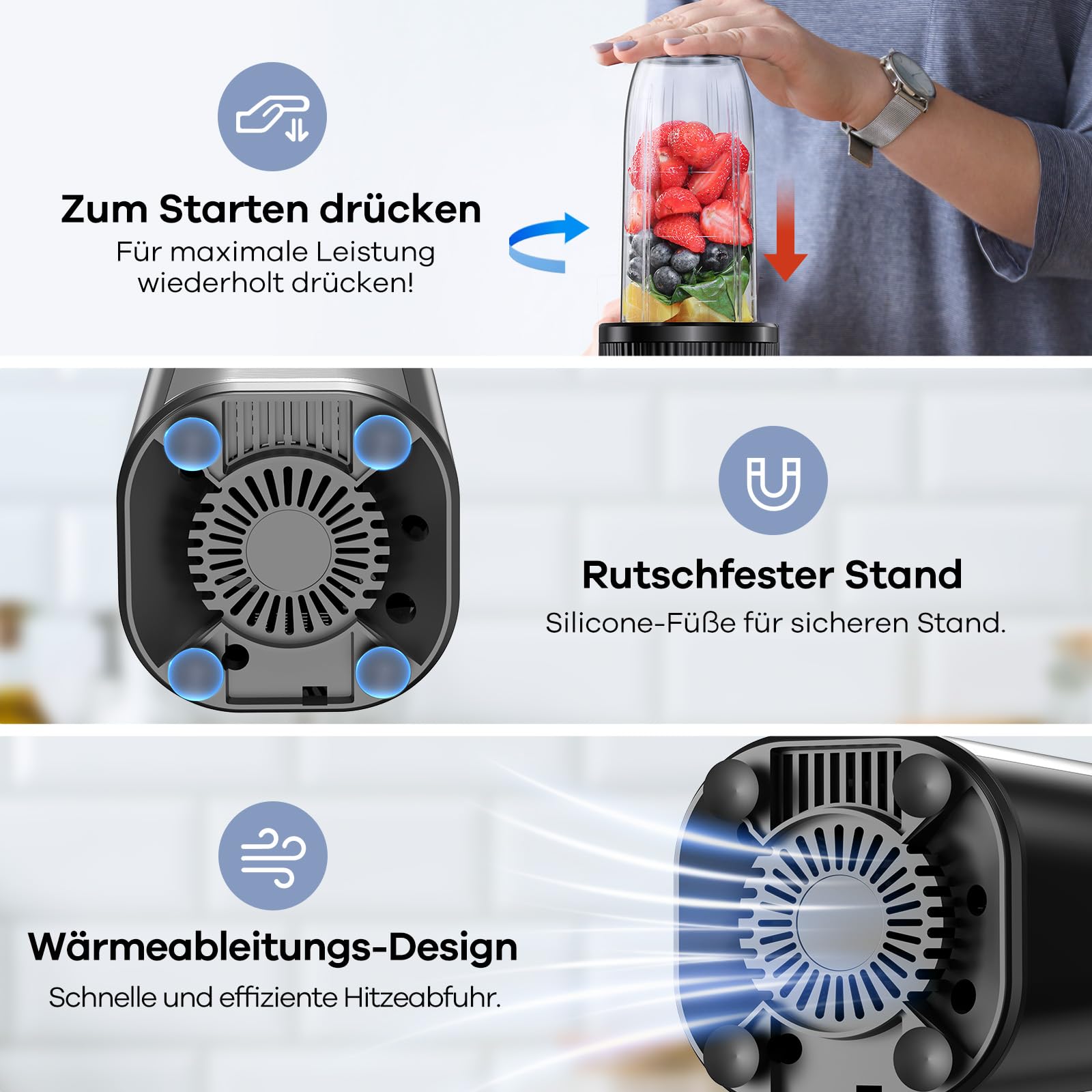 Ganiza Smoothie Maker, 900W Mini Standmixer, Mixer mit 25.000 U/min, 3 Tritan-To-Go-Bechern(300ml&500ml&700ml), 4 asymmetrischen Klingen, für Jede Art von Shake und Smoothie, Silber/Schwarz