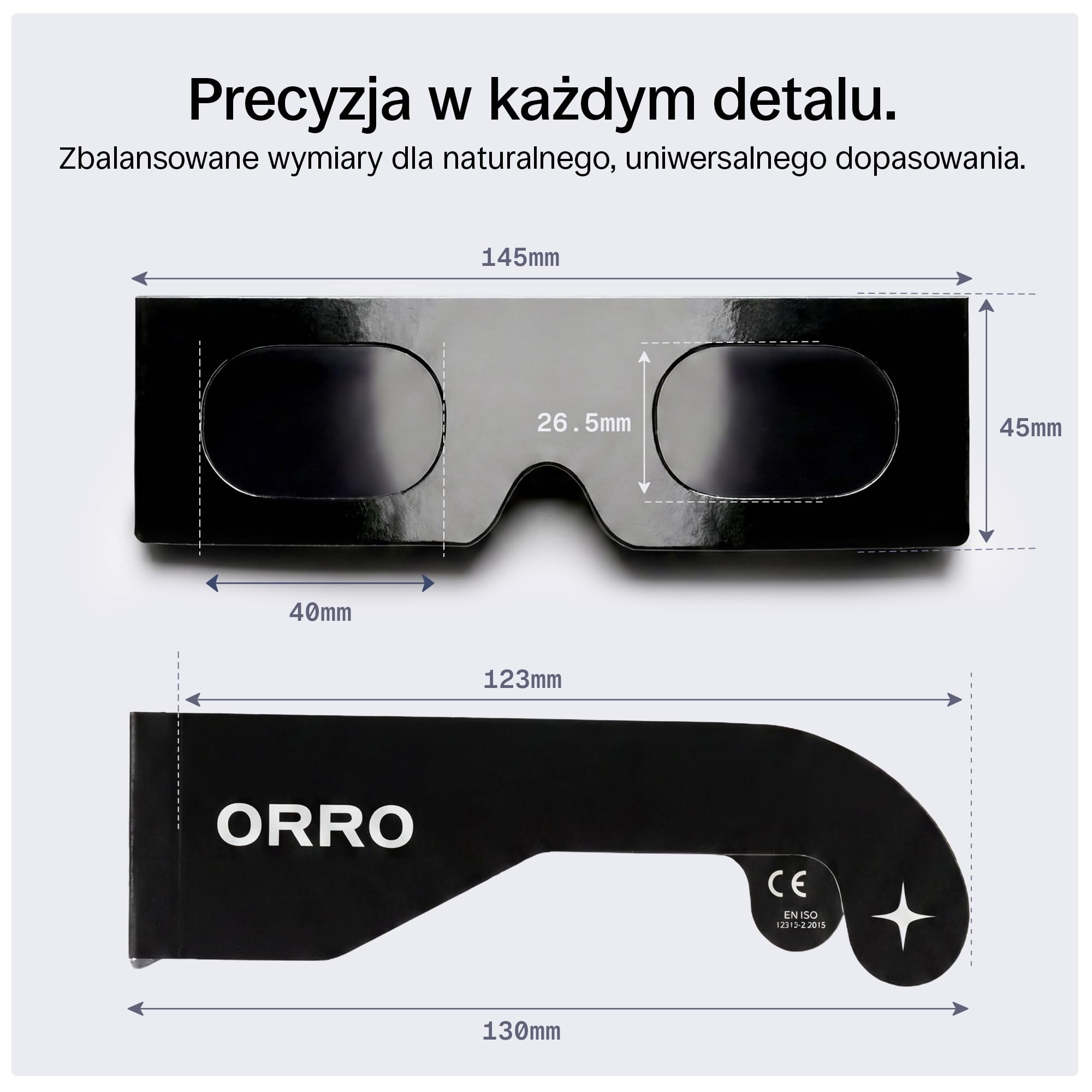 ORRO Okulary do Obserwacji Zaćmienia Słońca 45 mm, Zestaw 2/6/12 szt., Pasują na Okulary Korekcyjne, Certyfikowana Ochrona Oczu, Testowane zgodnie z EN ISO 12312-2:2015, Oznakowanie CE