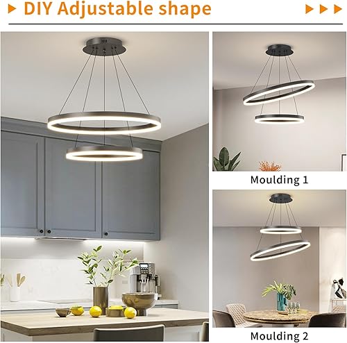 Miniatura 6 de Lámpara de techo moderna, acrílico antiparpadeo negro, lámpara colgante con control remoto, regulable, 3 modos de color y luces de isla de brillo