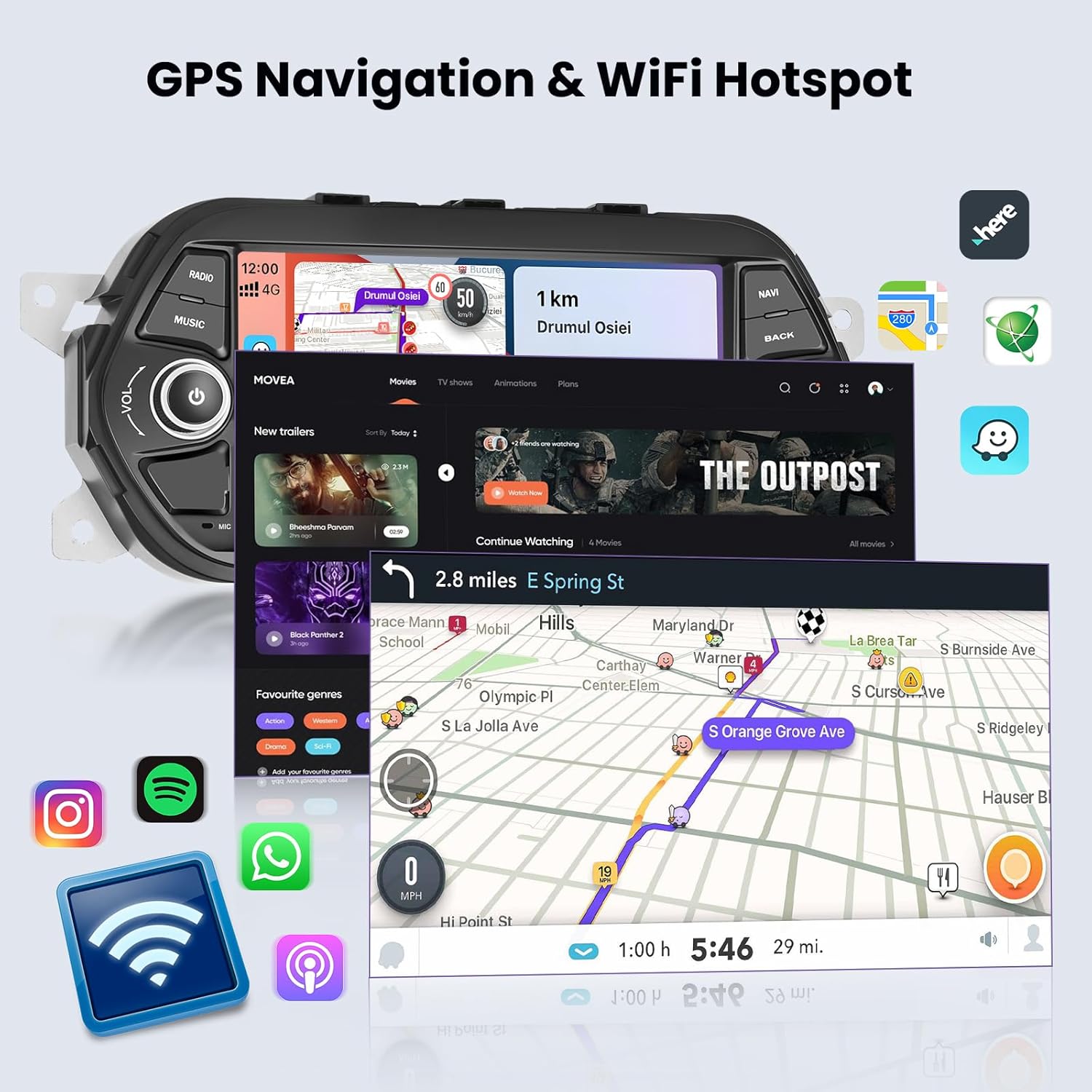 Image depicting a smartphone connected to the autoradio via both wired and wireless Carplay/Android Auto, showing various app interfaces.