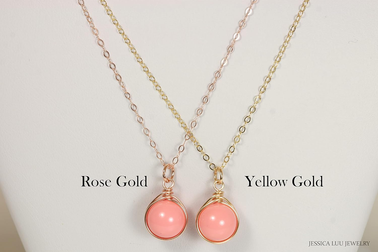 JESSICA LUU JEWELRY Pink Coral Pearl Necklace Yellow or Rose Gold Wire Wrapped Handmade