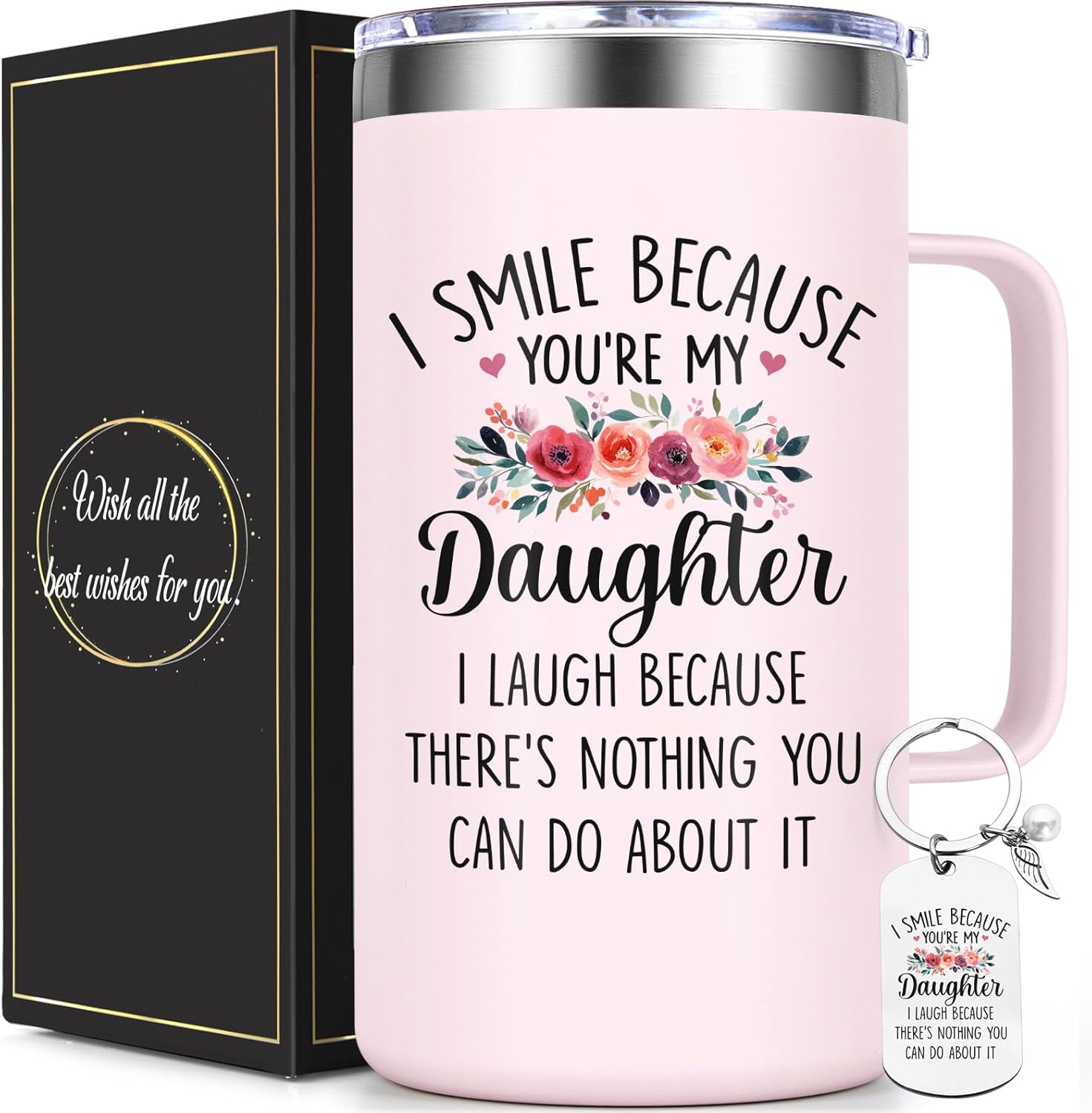 Lifecapido Daughter Gifts from Mom, I Smile Because You’re My Daughter 20oz Insulated Coffee Mug with Keychain, Birthday Christmas Gifts for Daughters, Rose Quartz