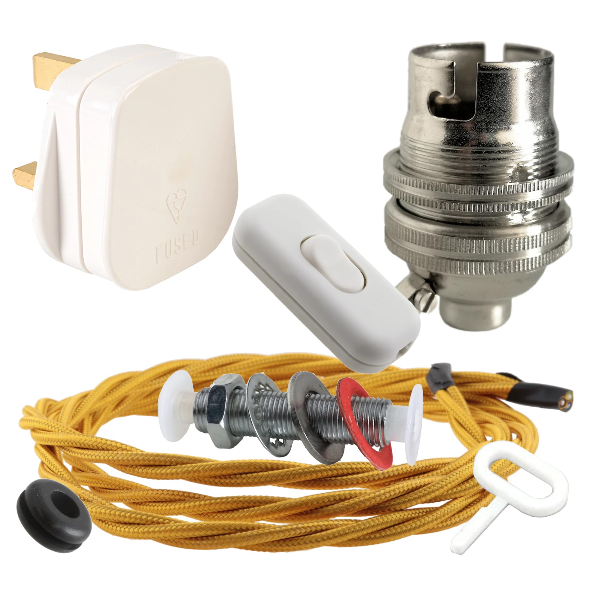 Art Deco Emporium Lamp Repair and Servicing Kit|White Plug|Gold Flex|White Switch|B22 Chrome Finish Lamp Holder