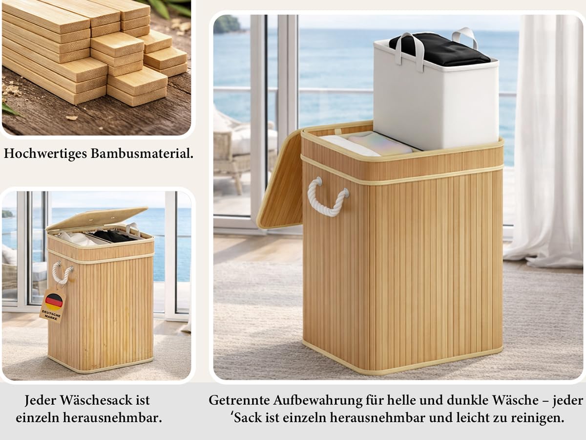 AdelDream Wäschekorb 150L, 3 Fächer Wäschesammler mit Deckel, Bambusoptik | Wäschesortierer 3 x 50L, 3 einzeln herausnehmbare Säcke, faltbar, Naturfarbe