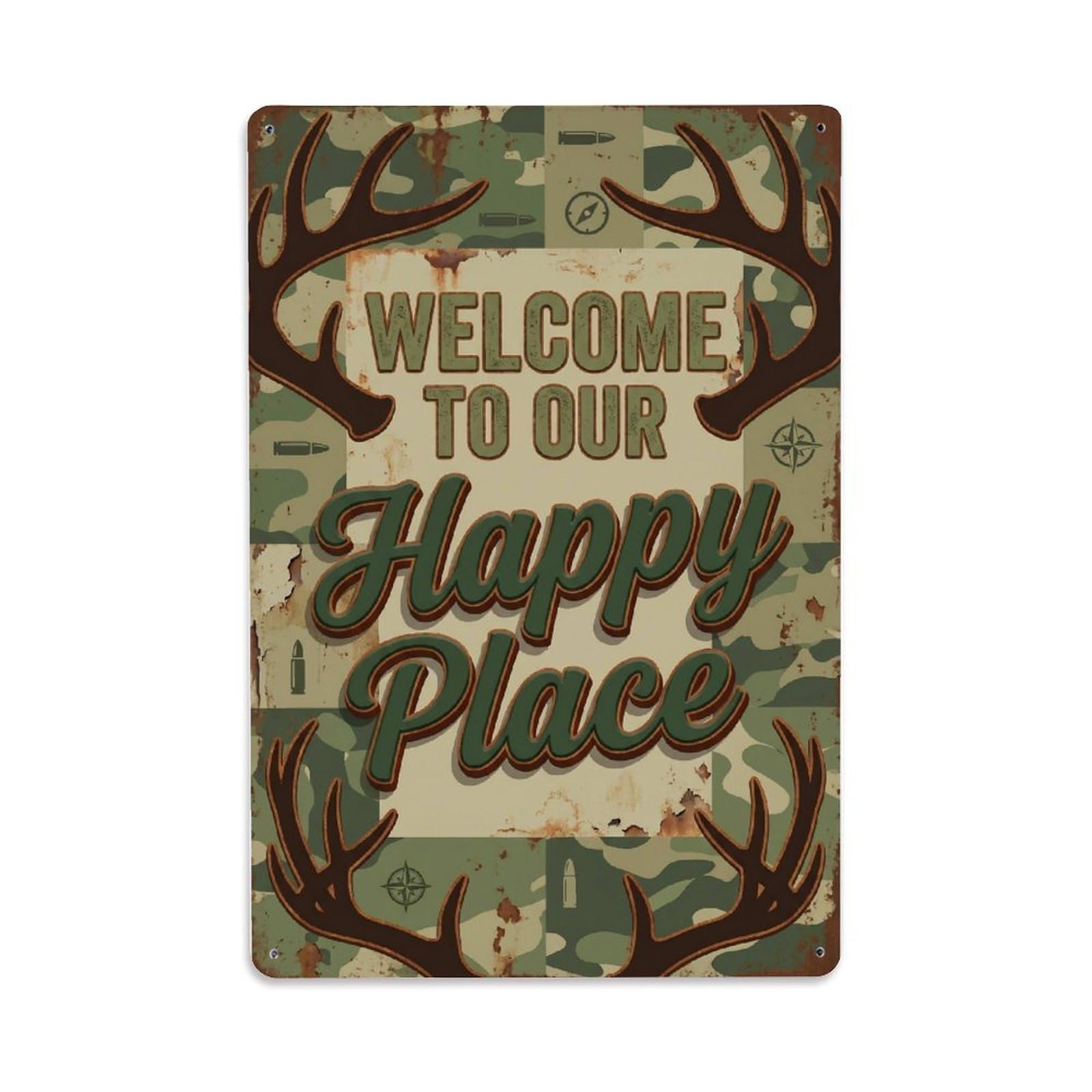 Welcome To Our Happy Place Hunting Cabin 1 Metal Tin Sign Plaque Wall Decor for Cafe, Club Bar, Office, Home Garden Metal Poster 8x12Inch