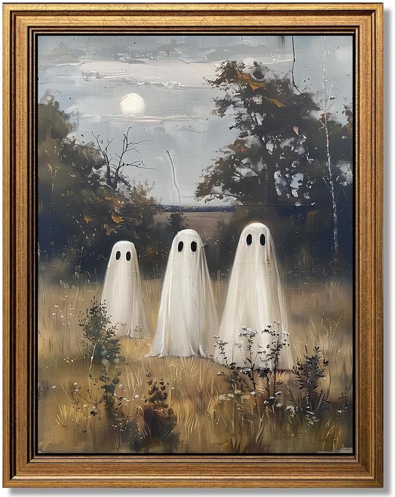 Gold Framed Vintage Halloween Wall Art, Rustic Landscape Wall Decor, Cute Ghost Decor Wall Art (12''x16'')