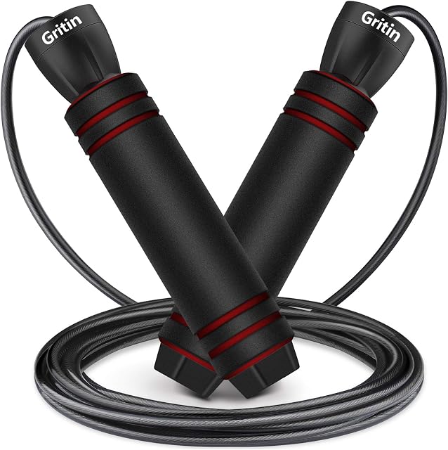Skipping Rope, Gritin Speed Jump Rope, Tangle-free Adjustable Rope, Rapid Ball Bearings & Soft Foam Handle Design, Lightweight for Adults, Kids, Fitness, Fat Burning [Rope Length Adjuster Included]