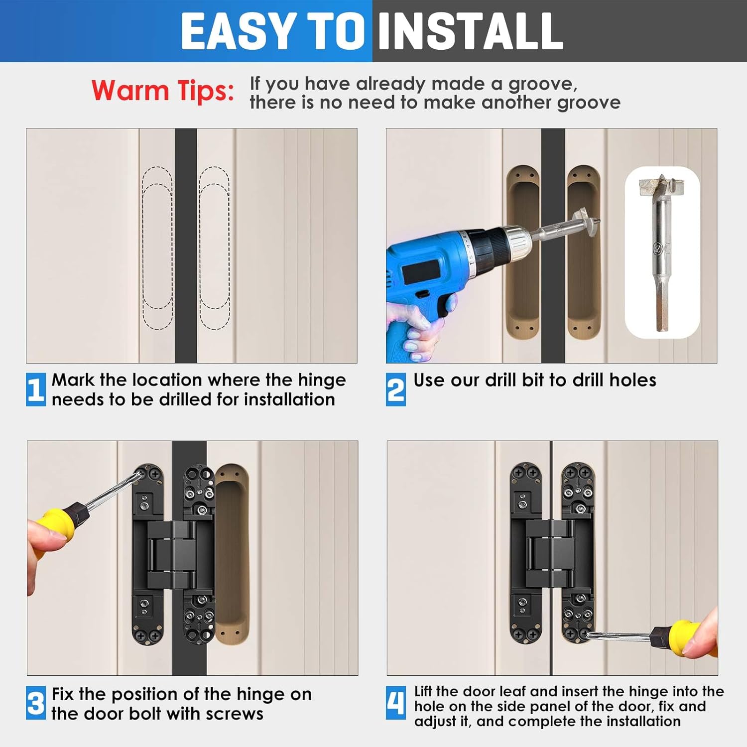 Ultra-Quiet Hidden Door Hinge,3D Micro-Adjustable for Flush Hidden Doors & Cabinets,177 lbs Capacity,180° Silent Swing,Suitable for Bedroom Doors, Study Doors, and Other Types of Doors.
