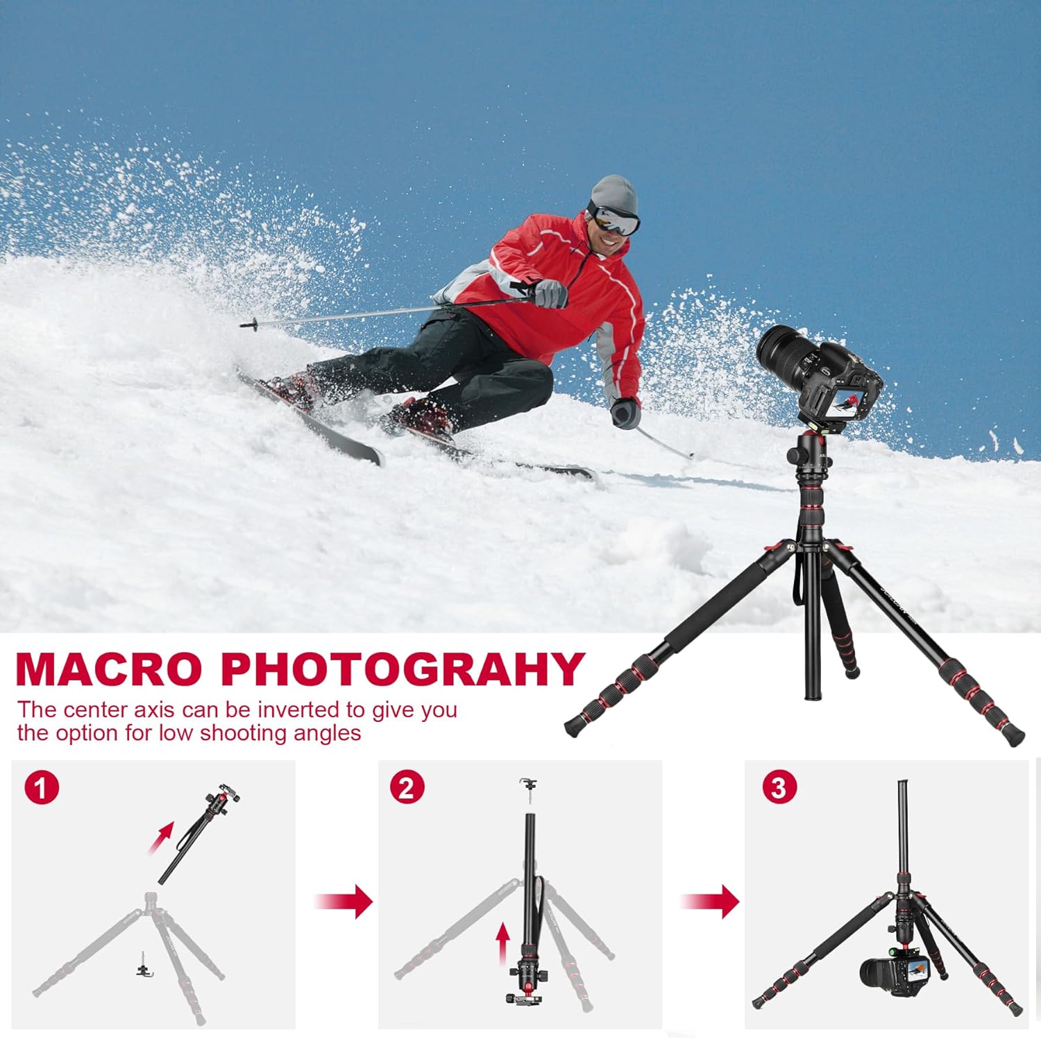 Victiv 80/85 inches Heavy Duty Tripod for Camera and Phone, 85" Camera Monopod Tripod, DSLR Binoculars Spotting Scope Camcorders Video Tripod Stand, 360 Degree Ball Head, 35 lbs Loads 85 Inch Red image 7 of 8 B0CR6BGL2Q