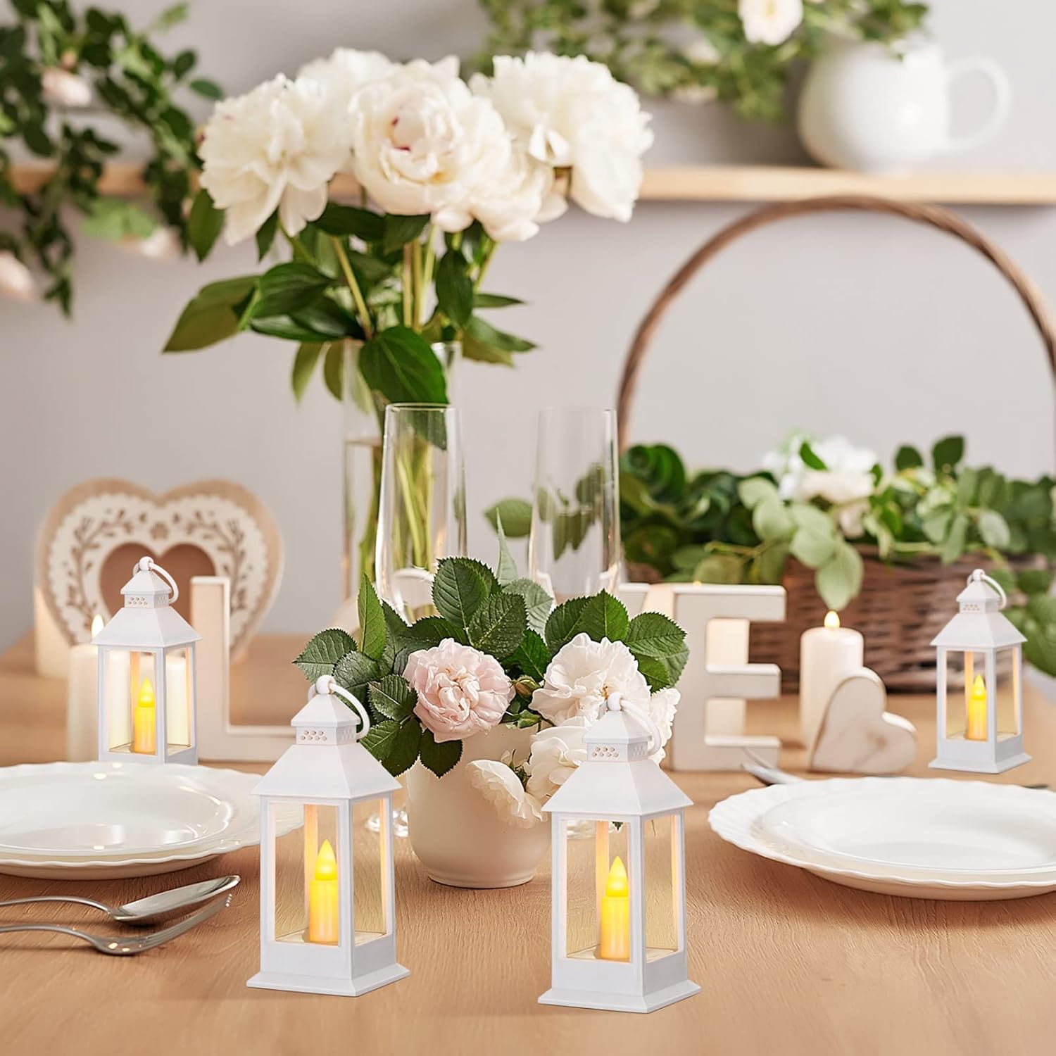 Hoolerry 24 Set 5.5'' Mini Lanterns with LED Candle for Wedding Centerpiece Vintage Decorative Hanging Small Lantern Battery Powered for Halloween Wedding Table Centerpiece(White)