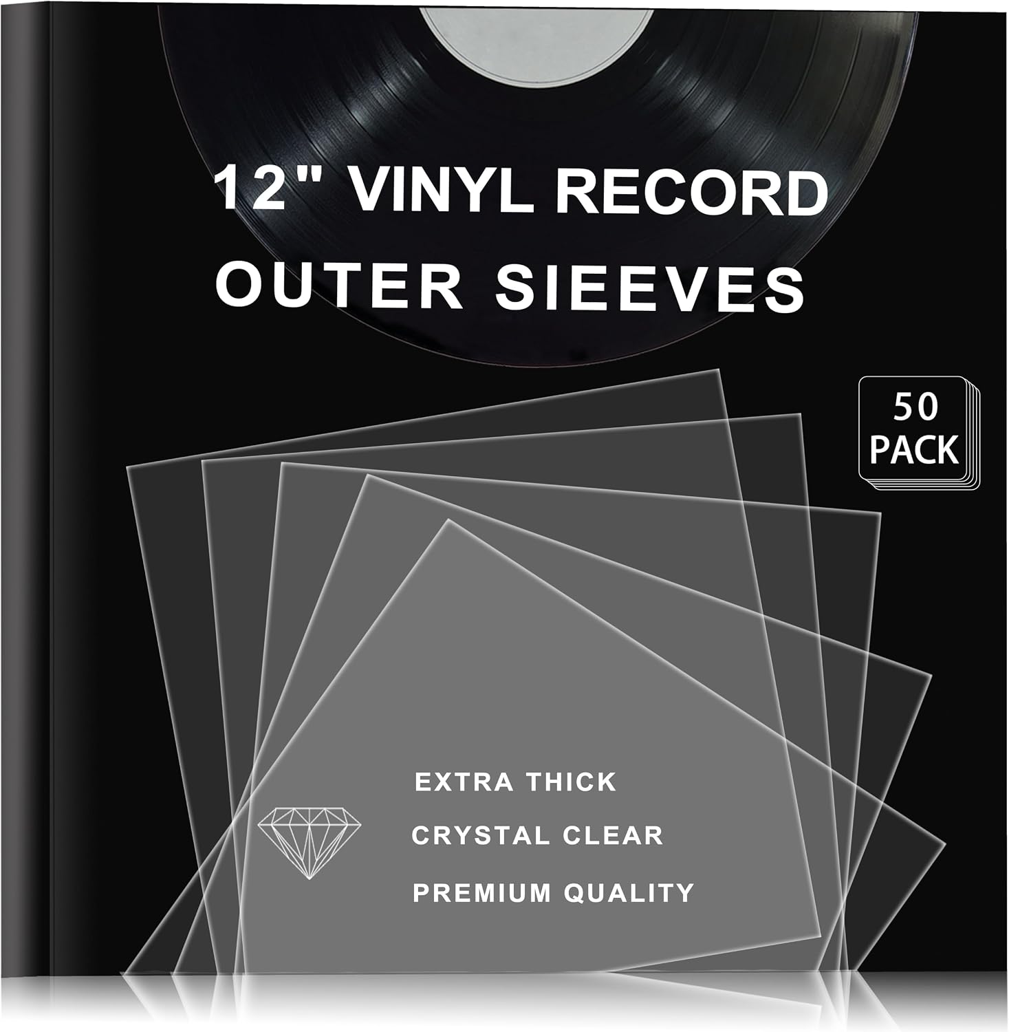 Vinyl Record Outer Sleeves 50 Pack Crystal Clear 3+ Mil High-Density Covers for 12" LP Albums | Acid-Free, Static-Resistant Technology | Archival Quality for Dust, Dirt & Scratch Prevention