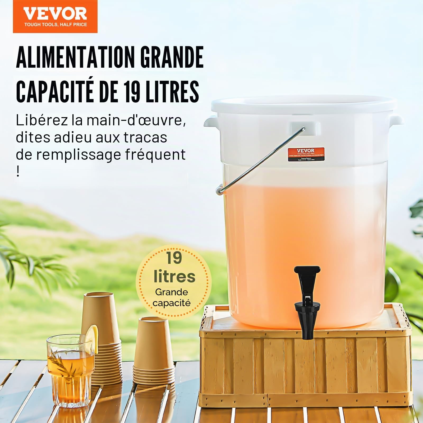 VEVOR Distributeur de Boissons Grande Capacité de 19 L, Fontaine à Eau avec Robinet et Couvercle, en Plastique, Distribution de Jus Limonade Thé Glacé, pour Restaurants, Hôtels, Cafés, Soirées